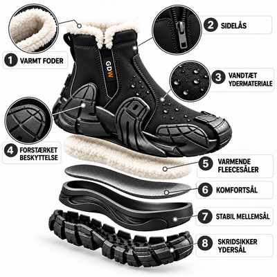 ScandicBoots™ konstruksjon: varmt fôr, glidelås, vanntett overdel, forsterket beskyttelse, fleecesåle, komfortsåle, mellomsåle og sklisikker yttersåle