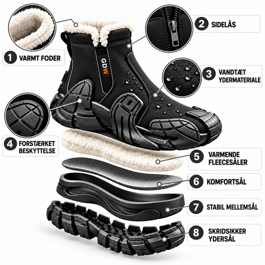 ScandicBoots™ konstruksjon: varmt fôr, glidelås, vanntett overdel, forsterket beskyttelse, fleecesåle, komfortsåle, mellomsåle og sklisikker yttersåle
